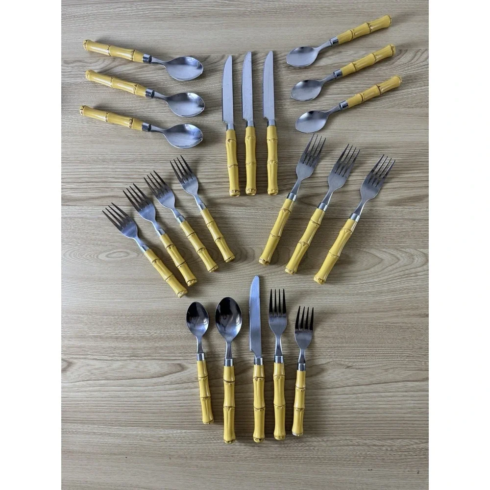Faux Bamboo Yellow Handle Flatware Set Service for 4 Stainless Steel 21 Pc